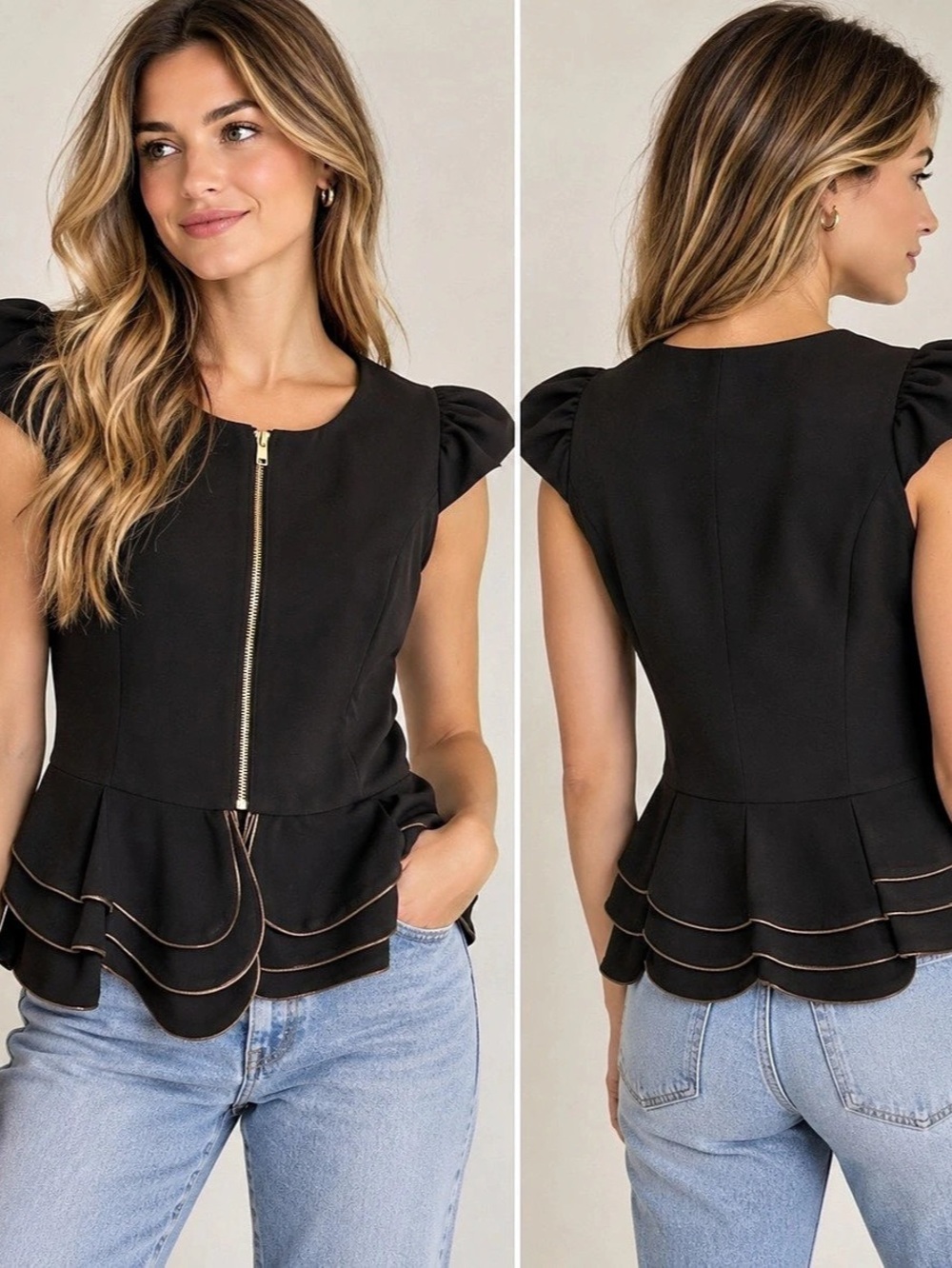 Gracia Structured Peplum Top Black Gold-Zip Peplum Top, zipper edging Size M euc